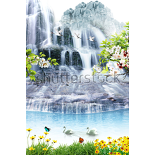Фотообои 3Д с водопадом - Весенний пейзаж