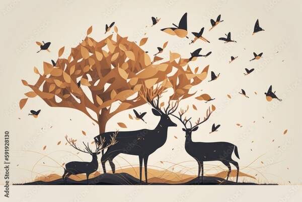 Обои с оленями и деревом (рисунок) артикул 10061268