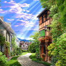 Старая зеленая аллея с цветами и каменная дорога