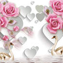 3D обои с розами, белыми сердечками и лебедями