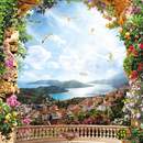 Арочный балкон с видом на морской пейзаж